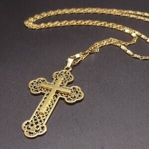 18k Gold Plated Necklace w/ Ornate Gold Cross Men's Birthday Anniversary Gift